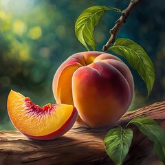 Ripe peaches hang from a peach tree branch in a sunny garden orchard