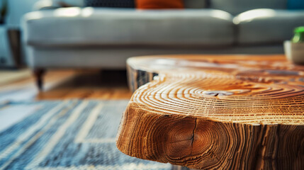 Close up of wooden coffee table with thick raw edge. Interior design of a modern aesthetic living room. Generative AI