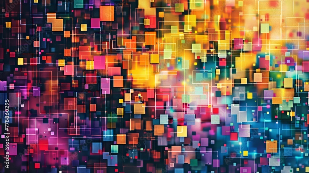 Poster vibrant abstract image featuring glowing digital blocks signifying data or tech concepts