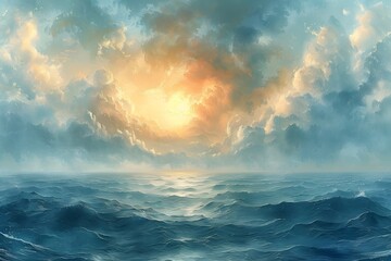 Sunset Over the Ocean Painting - obrazy, fototapety, plakaty