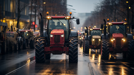 
Many tractors blocked city streets and caused traffic jams in city. Agricultural workers protesting against tax increases, changes in law, abolition of benefits on protest rally in street