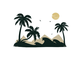 vintage summer tropical landscape with palm trees vector silhouette