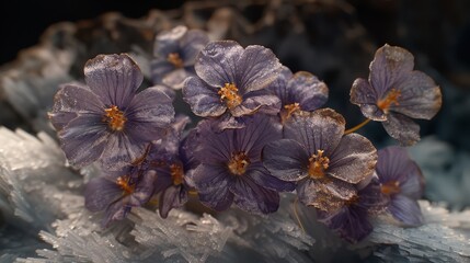   A cluster of lavender blooms resting atop an icy boulder pile on top of snowy terrain