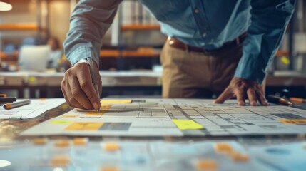 A designer or engineer is drawing up construction plans and putting them on a blueprint.