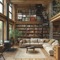 Obraz na płótnie Canvas Living room design with stairs to the second floor, sofa, carpet and shelves with many books