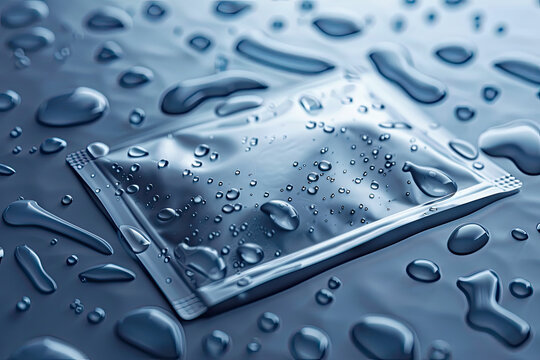 a studio shot of A Use advanced technology to depict the realistic appearance of water droplets around a sachet in high resolution