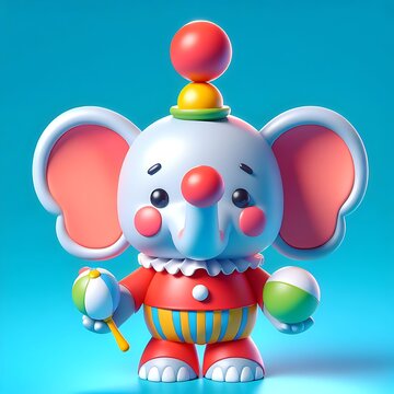 3D cartoon elephant that is a plastic toy juggling balls in bright colors