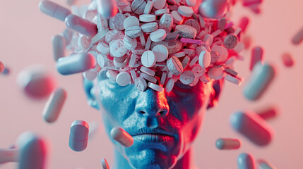 Surreal Portrait of a Person with Pills Exploding from Head