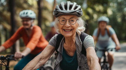 Fototapeta na wymiar Active elderly pensioners riding a bicycle in the park, healthy lifestyle banner