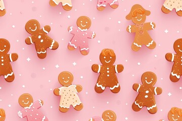 Christmas gingerbread cookies seamless pattern on pink background for festive holiday design concept