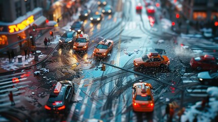 A busy intersection in a city, with cars and pedestrians frozen in time, creating a unique and...