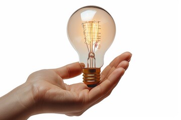Hand holding a light bulb isolated on a white background. 