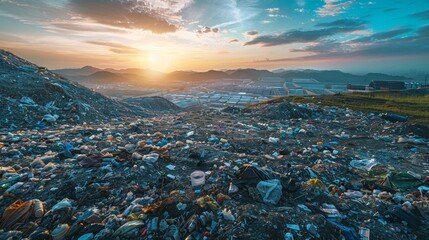 Timelapse of a landfill growing over decades, consuming the natural landscape, garbage and environmental pollution, futuristic background - obrazy, fototapety, plakaty