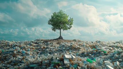 A lone tree struggling to survive amidst a sea of garbage, garbage and environmental pollution, futuristic background - obrazy, fototapety, plakaty