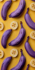 Vibrant Purple Bananas and Sliced Fruit on Yellow Background