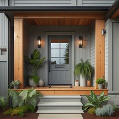 A grey modern farmhouse front door with a covered porch, wood front door with glass window, and grey vinyl and wood siding.