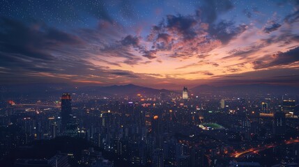 A cityscape at twilight, with the first stars appearing in the sky and the lights of the buildings creating a warm glow, - Powered by Adobe