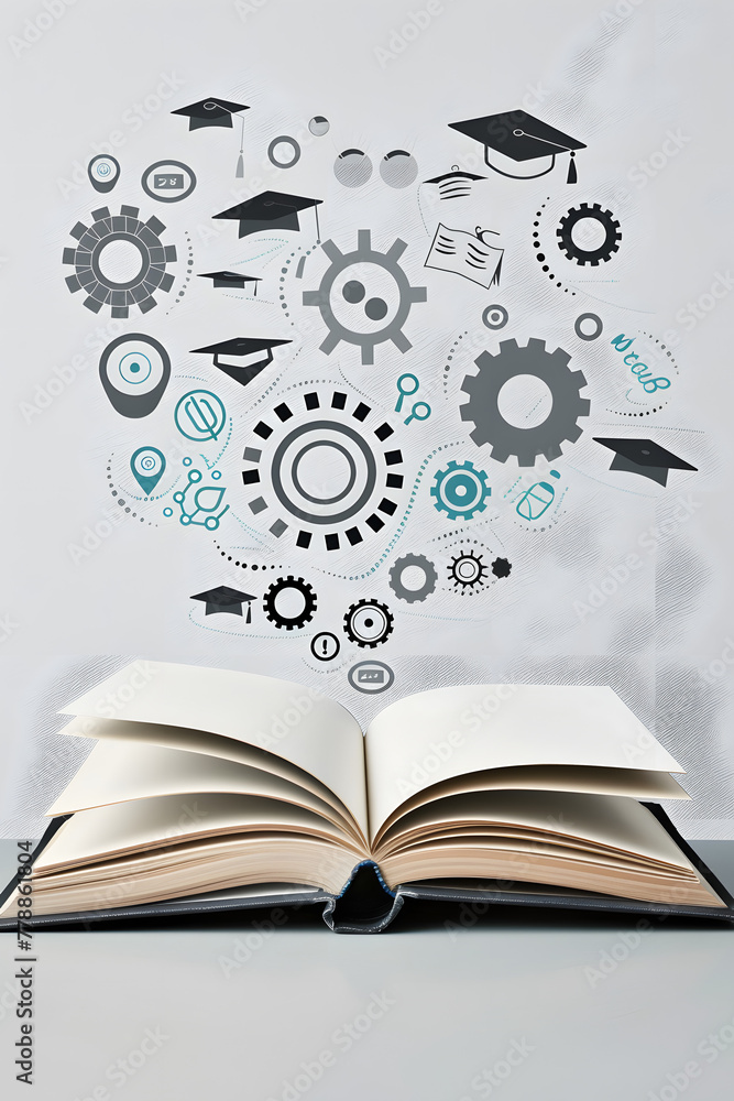 Poster an open book with symbols of education and knowledge floating above it