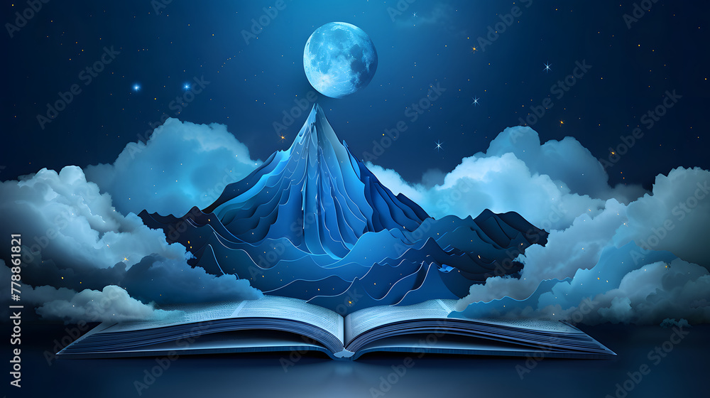 Poster an open book with mountains and clouds emerging from it