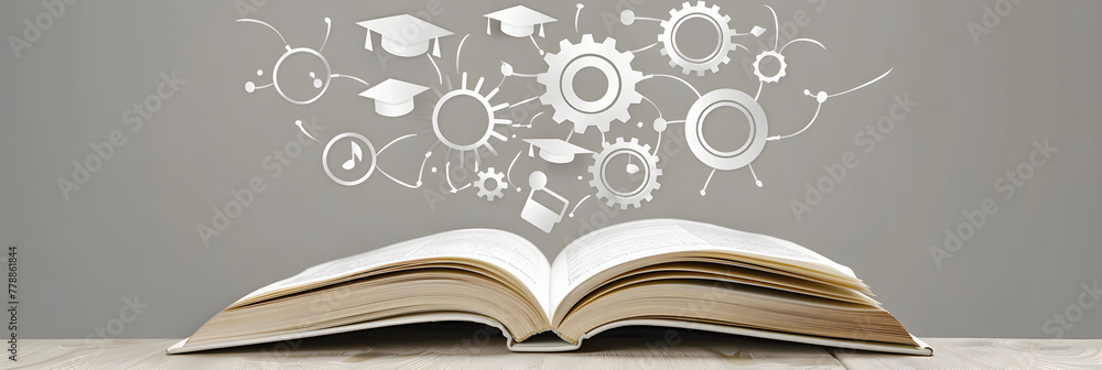 Poster an open book with symbols of education and knowledge floating above it