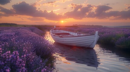   Boat bobbing on water, lush green field with purple flowers under cloudy sky - obrazy, fototapety, plakaty