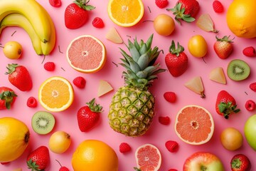 Assorted fruits and vegetables with a pineapple in the center on a pink background
