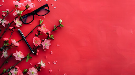 Blossoms, eyewear and marker on a red chalkboard background with copy space for Teacher’s Day or Women’s Day concept