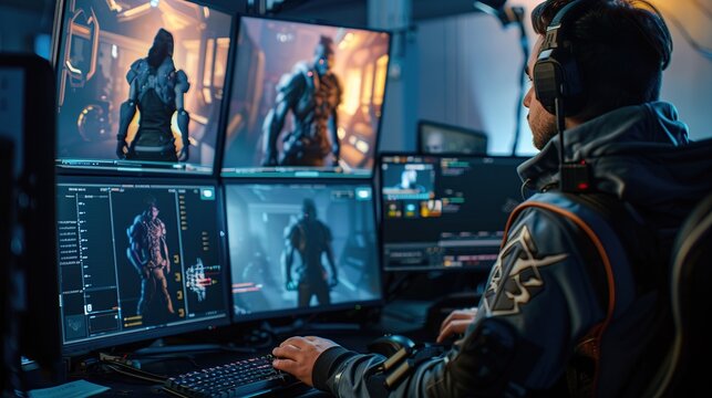 Gaming development studio, team working on a next gen video game, screens showing character designs and virtual worlds