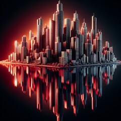 Big city sky scrapers reflecting in the water, imitation made of batch staples composition in red light on reflecting surface and black background - obrazy, fototapety, plakaty