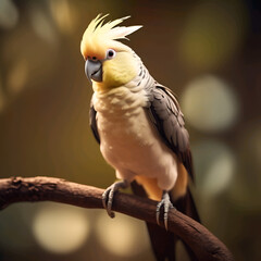 Fototapeta premium Cockatiel small bird Brasílian, on top of a tree, brown background
