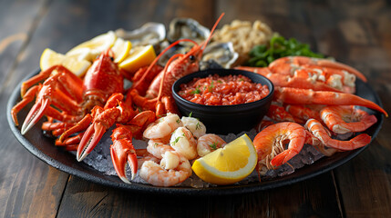 Delicious seafood dish, shrimp, lobster, crab legs and oysters, served with lemon wedges and sauces