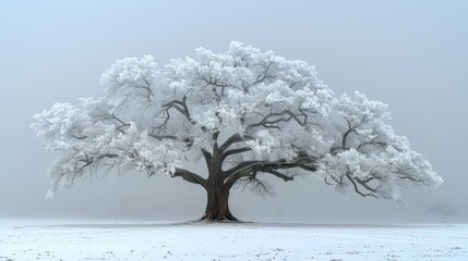   A massive white tree stands tall amidst a snowy field, with lush green grass in the foreground