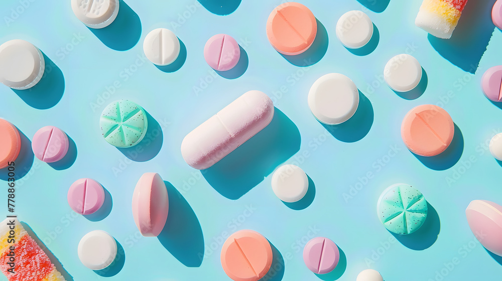 Poster colorful pills and marshmallows on a periwinkle background with copy space for text. shared focus