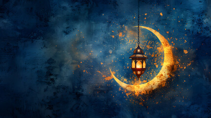 Arabic lantern with crescent moon blue themed. Ramadan Kareem greeting card with copy space. Muslim Holiday celebration. Eid celebration. Generative Ai