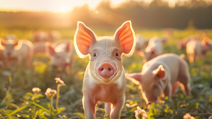 A cute funny piglet standing in the field full of other pigs at sunset, looking at the camera.