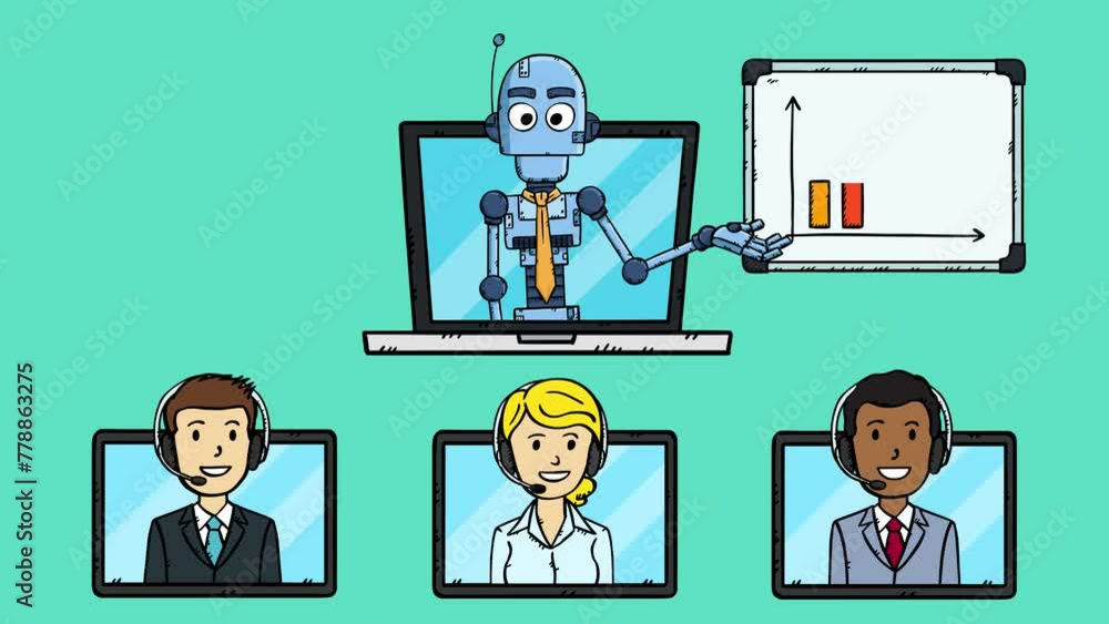 Poster a video clip showing a robot ai giving a business presentation. the ai connects using a laptop and p