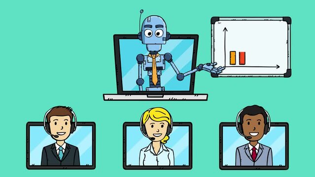 A video clip showing a robot ai giving a business presentation. The AI connects using a laptop and presents data on a flipchart, the other participants in the presentation log in using tablets.
