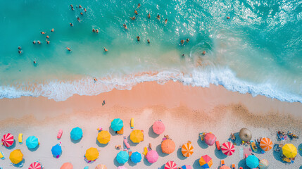 Fototapeta premium top view of turquoise water and beach with umbrellas