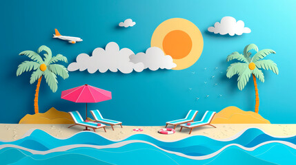 Fototapeta na wymiar Paper art of a tropical beach with palm trees and plane, ideal for travel and vacation themes, useful in tourism and airline advertisements. summer beach background