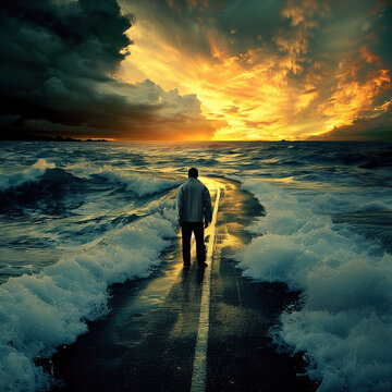 A lone travelers surreal journey along a road amidst roaring seas at sunset. A man walks a road cutting through tumultuous ocean waves 
