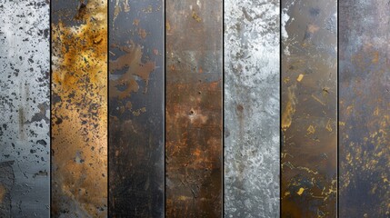Horizontal view of weathered, rusted metal panels with varying patinas - obrazy, fototapety, plakaty