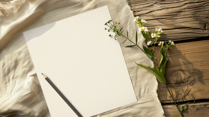 Sunlit blank paper and pencil on a wooden surface with white flowers, ready for writing. - Powered by Adobe