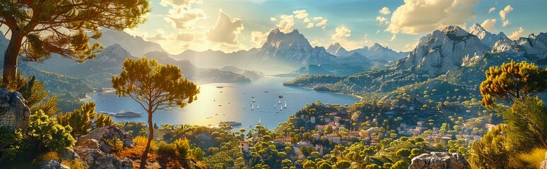 Panoramic View of Mediterranean Coastal Town, Idyllic Seascape with Yachts and Picturesque Harbor - obrazy, fototapety, plakaty