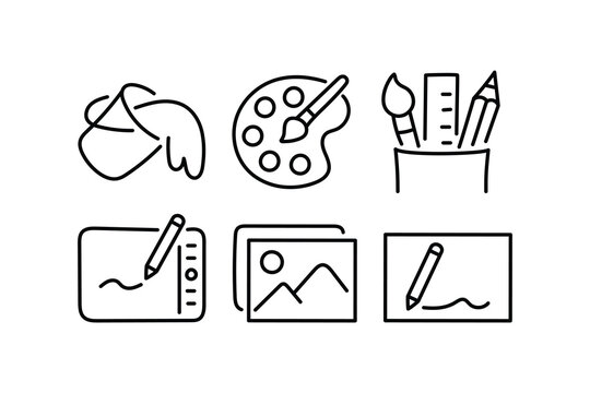 illustration of a set of tools for drawing. Art, creativity related outline icons set isolated on white background flat vector illustration. 