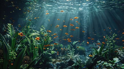 Fototapeta na wymiar A closed aquatic ecosystem with a variety of fish, plants, and microorganisms interacting in a balanced underwater world,