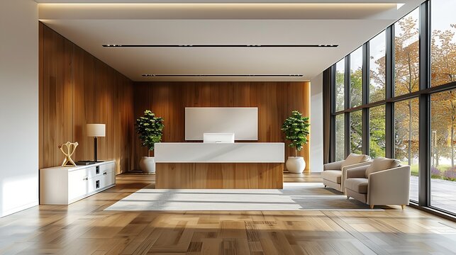 Modern office interior with wooden and white color and nature view from window with space, Generative AI.