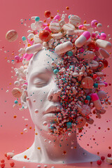 Surreal Mannequin Head Exploding with Colorful Candy Pills