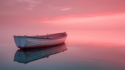   A tiny vessel bobbing atop azure waves under a soft pink sky amidst vast ocean