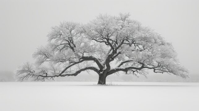   A monochrome photograph of a towering tree amidst a snow-covered field under a hazy sky