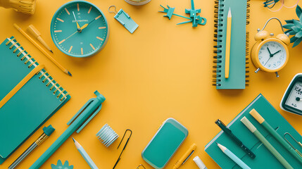 Teal school supplies on a mustard yellow background with copy space for text. An aerial photo of stationery